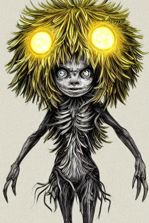 Image similar to a humanoid figure dandelion monster with large orb eyes, highly detailed, digital art, sharp focus, trending on art station, artichoke, anime art style