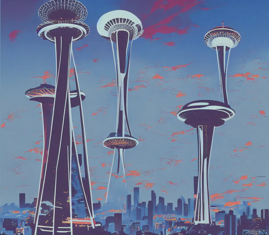 Image similar to angels over the seattle space needle, modernism, gouache, animated film, stylised, illustration, by eyvind earle, scott wills, genndy tartakovski, syd mead