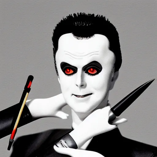 Prompt: a high quality product photo ad of klaus nomi with a technical reed rollerball pen exacto knife made in germany and japan by junji ito