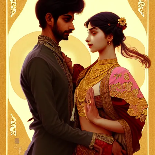 Image similar to portrait of beautiful young bengali romantic couple fantasy, intricate and very very beautiful and elegant, highly detailed, digital painting, artstation, concept art, smooth and sharp focus, illustration, art by tan zi and ayanamikodon and alphonse mucha and wlop