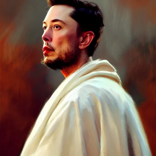 Image similar to detailed realistic cinematic wide shot of beautiful attractive young elon musk with beard tech man wearing black bath robe slim face symettrical face clean skin black eyes black robe smooth, sharp focus, ultra realistic, spring light, painting by gaston bussiere, craig mullins, j. c. leyendecker