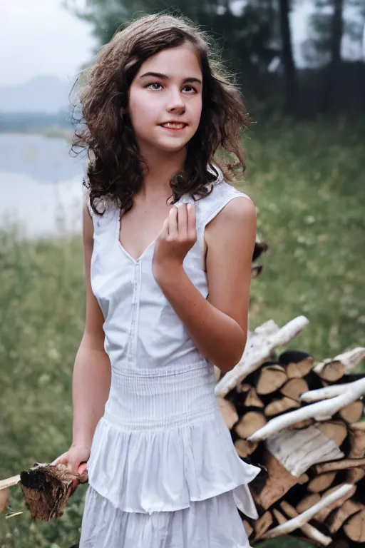 Prompt: a middle-school girl with unkempt wavy short brown hair wearing a white dress and holding a bundle of firewood, high resolution film still, 8k, HDR color, short hair, round face, dimples, beautiful gazing eyes