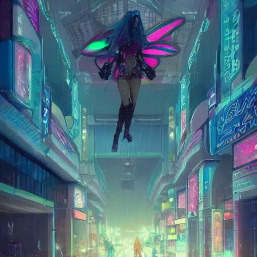 Prompt: cyberpunk fairy exploring a bustling neon vaporwave mall, concept art by thomas kinkade, greg rutkowski, and marc simonetti, trending on artstation