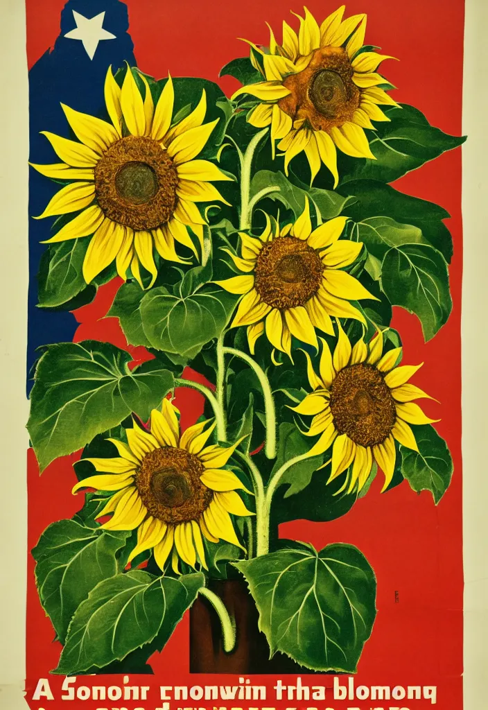 Image similar to A communist Propaganda Poster of a sunflower growing out of a dead soldier.