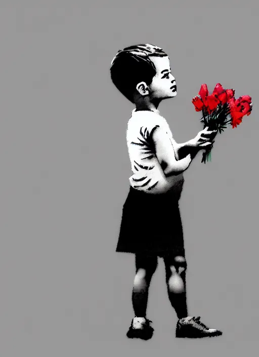 Image similar to a side profile of a single boy holding flowers in the style of Banksy, graffiti, digital art