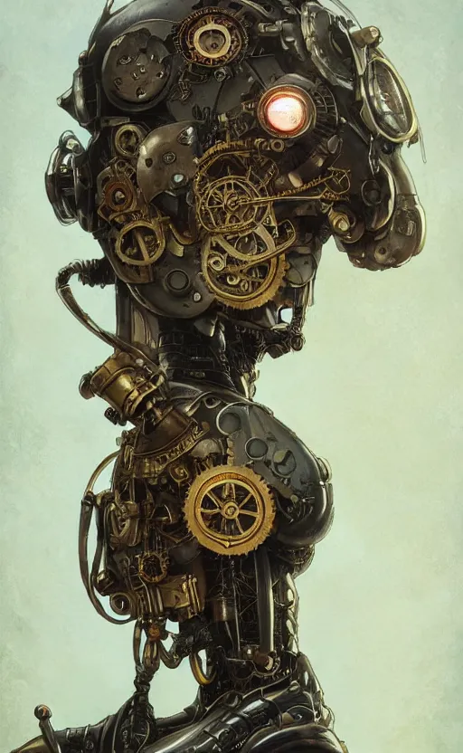 Image similar to steampunk robot, western, closeup, d & d, fantasy, intricate, elegant, highly detailed, digital painting, artstation, concept art, matte, sharp focus, illustration, art by artgerm and greg rutkowski and alphonse mucha