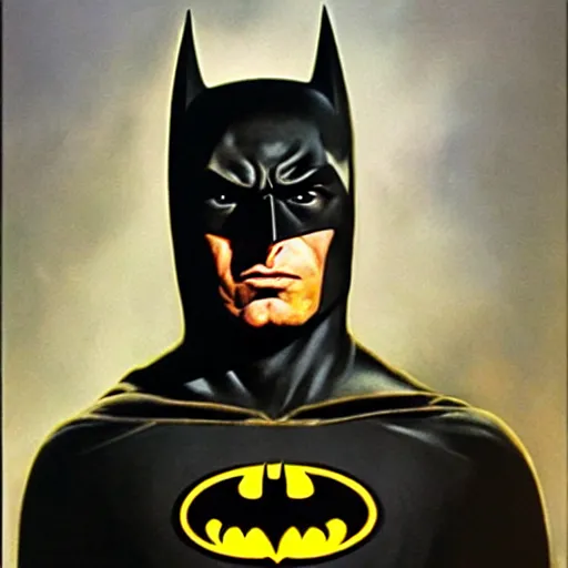 Image similar to ultra - realistic head and shoulders portrait painting of batman with his cowl on. art by frank frazetta. 4 k. ultra - realistic. highly detailed. epic lighting