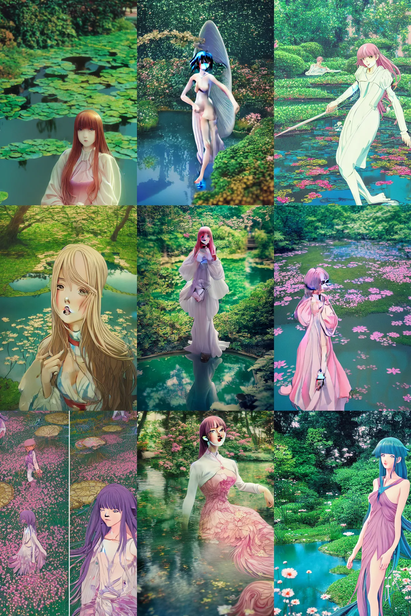 Prompt: Cinestill 800t, 8K, highly detailed, moebius seinen manga 3/4 extreme closeup portrait, clear eyes, focus on art nouveau fairy dress model, tilt shift zaha hadid style anime background: famous moebius anime remake, Garden pond scene