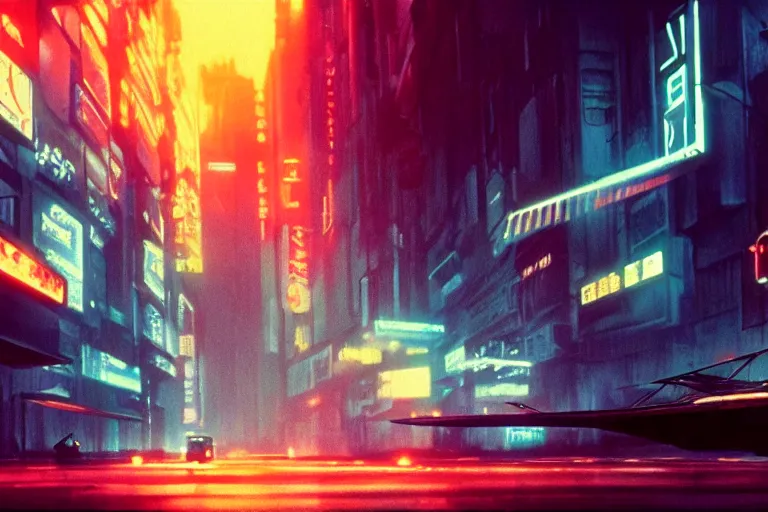 Prompt: 7 0 mm film still from blade runner, flying cars in the city, octane, greg rutkowski, loish, rhads, beeple, makoto shinkai and lois van baarle, global illumination