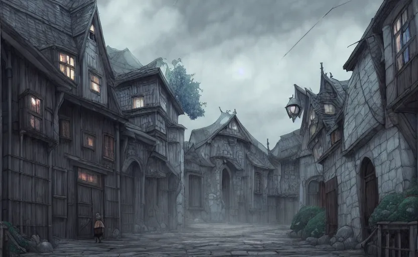 Image similar to beautifully drawn concept art of an old medieval mystic town : : art by hayao miyazaki and studio ghibli : : dramatic mood, overcast mood, dark fantasy environment : : trending on artstation, unreal engine, digital art