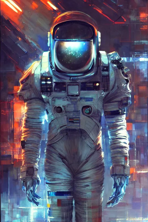 Prompt: a futuristic cybernatic astronaut, led lights, painting by greg ruthowski, alphonse murac, yoji shinkawa, john berkey, wlop, craig mullins, collaborative artwork, exquisitely high quality and detailed