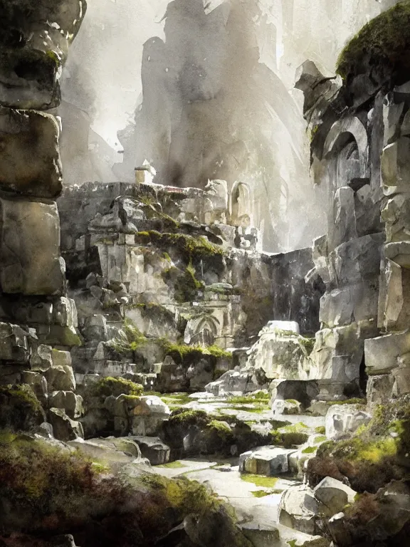 Image similar to abstract watercolor painting of hedonic scandinavian palace, in stone and marble, covered in moss, magical and traditional, runes, cinematic light, national romanticism by anders zorn, by greg rutkowski, by greg manchess