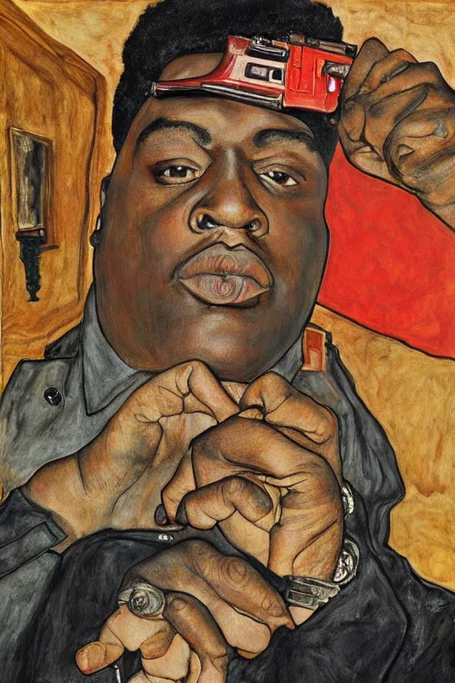 Prompt: a portrait of biggie smalls pointing an uzi toward the viewer by egon schiele, masterpiece, hyperdetailed, complex, intricate, old school, 9 0 s, 4 k, trending on artstation