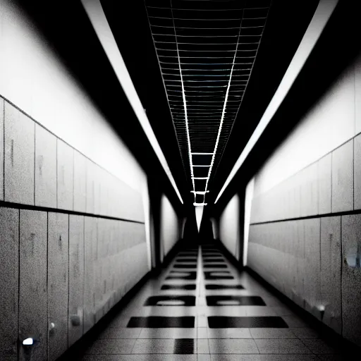 Image similar to Black military quadcopters, in the wide hallways in a futuristic prison underground, brutalist liminal architecture, sigma 85mm f/1.4, 4k, depth of field, high resolution, 4k, 8k, hd, full color