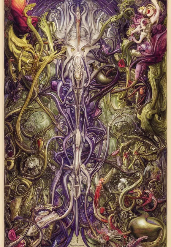 Image similar to simplicity, elegant, colorful muscular eldritch orchids, lilies, flowers, bodies, neon radiating from fractal, mandalas, by h. r. giger and esao andrews and maria sibylla merian eugene delacroix, gustave dore, thomas moran, pop art, giger's biomechanical xenomorph, art nouveau