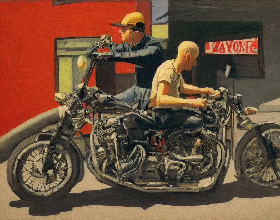 Image similar to a very detailed painting of a man wearing a leather jacket, riding a motorbike, harley davidson motorbike, worm's - eye view, very fine brush strokes, in the style of edward hopper and grant wood, 4 k,