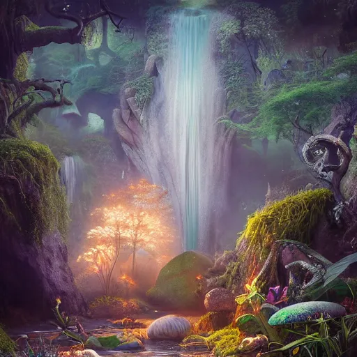 Prompt: tom bagshaw, mythical shrine, soft painting render curiosities carnival pond river vegetation rocks bugs wildlife mushrooms covered moss bioluminescent wisps, beautiful stunning waterfall, accurate features, focus, very intricate ultrafine details, random volumetric lighting, fog, award winning masterpiece, octane render 8 k hd, artstation