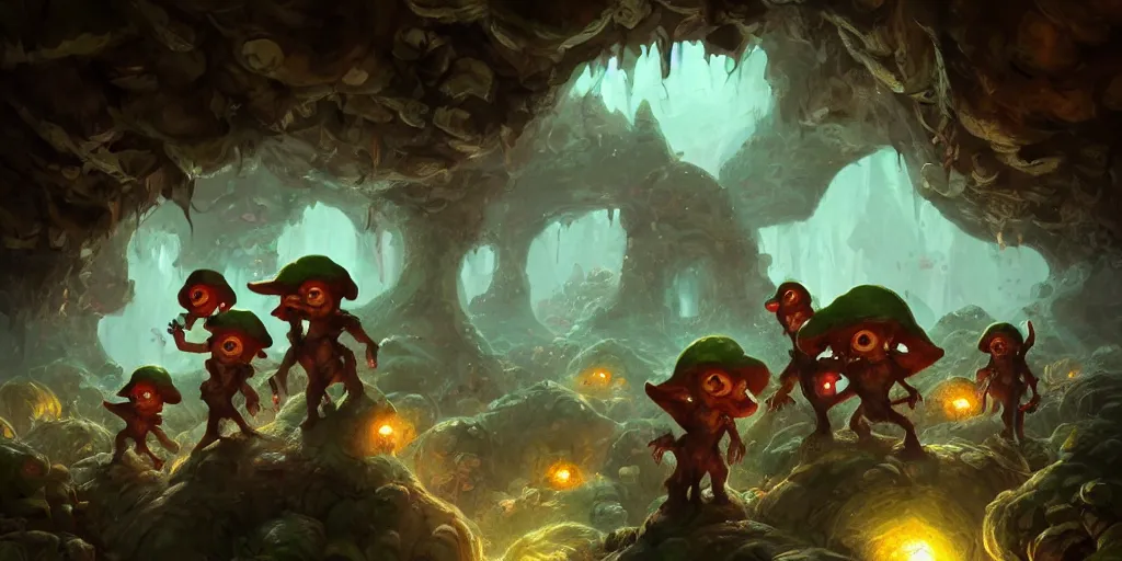 Prompt: goblin miners in a mushroom cave, concept art, digital illustration, trending on artstation, deviantart, artgerm, epic composition, masterpiece, highly detailed, advanced technique, ambient lighting, wlop, ross draws