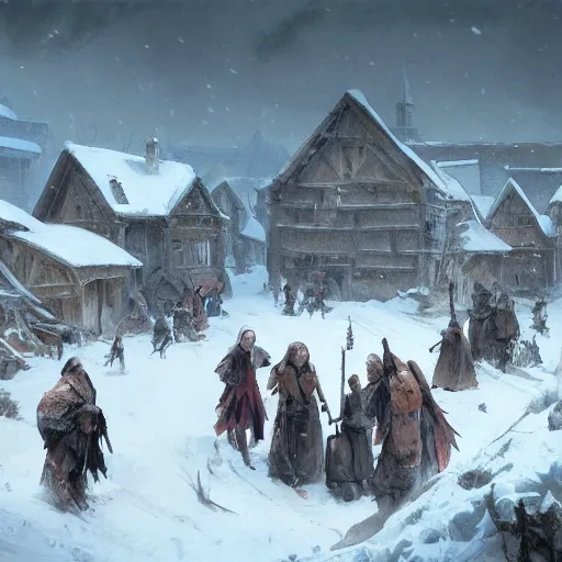 Prompt: Several bodies of dead villagers in the middle of a village in the snow, fantasy, medieval, highly detailed, Artstation, painting by greg rutkowski