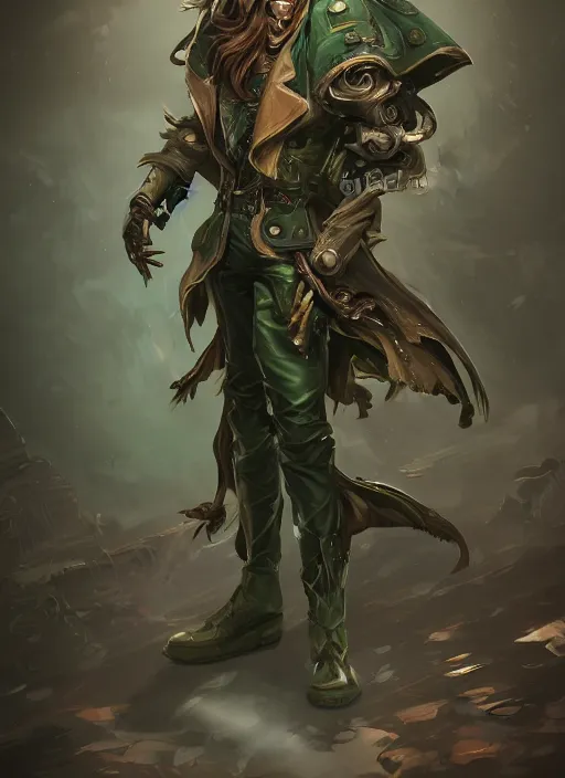 Image similar to a highly detailed illustration of thick wavy brown haired young white guy wearing brown detective trench coat and wearing dark green mask, with many long mechanical arms on his back, dramatic standing pose, intricate, elegant, highly detailed, centered, digital painting, artstation, concept art, smooth, sharp focus, league of legends concept art, WLOP