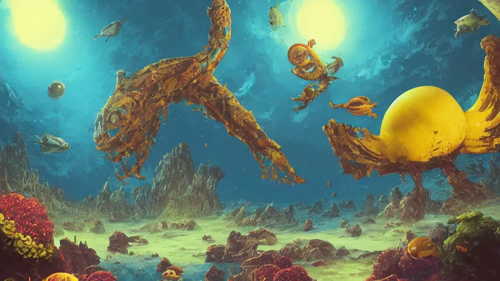 Prompt: An astronaut is under the sea, he has a big bright yellow egg, he is swimming away from the giant leviathan that is behind hunting him, the leavithan has bright red eyes, this is an extravagant planet with wacky wildlife and some mythical animals, the background is full of ancient ruins, the ambient is dark with a terrifying atmosphere, by Jordan Grimmer digital art, trending on Artstation,