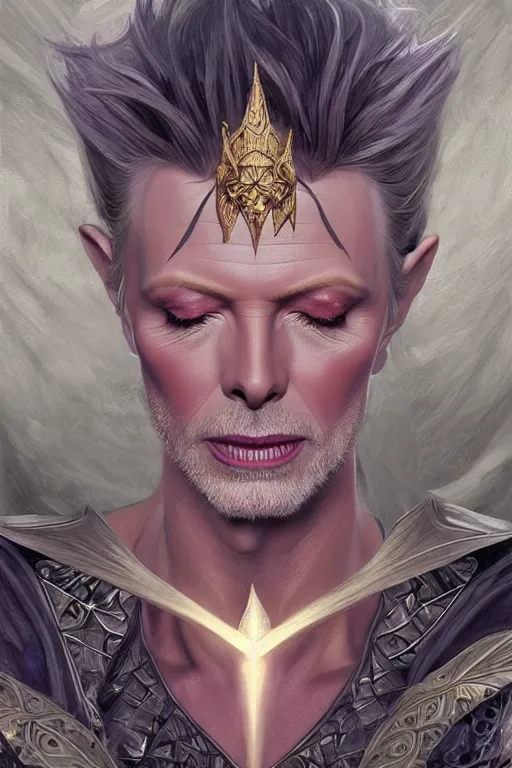 Image similar to ultra realistic illustration, fairy king david bowie from diablo and baldurs gate, intricate, elegant, highly detailed, digital painting, artstation, concept art, smooth, sharp focus, illustration, art by artgerm and greg rutkowski and alphonse mucha