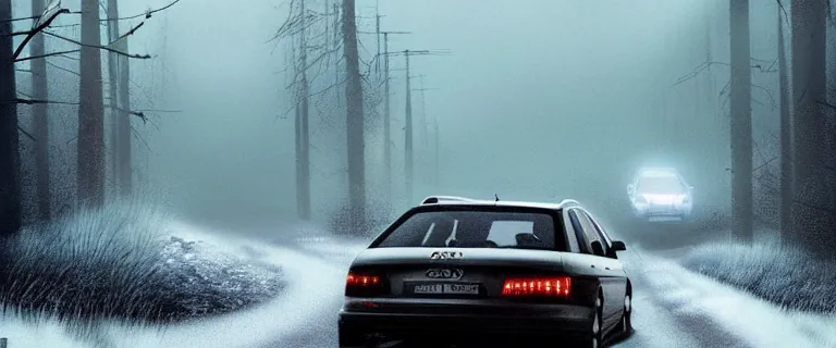 Image similar to Audi A4 B6 Avant (2002), a gritty neo-noir, Robot horror, dramatic bright lighting, cinematic, establishing shot, extremely high detail, photorealistic, cinematic lighting, artstation, by simon stalenhag, Snowy italian road, Snowy Apennines, At night, Poets of the Fall - Late Goodbye