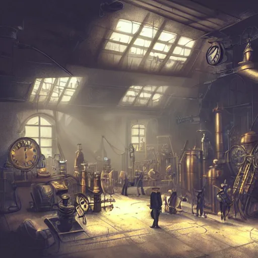 Prompt: a busy underground steampunk workshop, light shafts coming through windows, volumetric lightning, concept art, steampunk, fantasy, mechanical