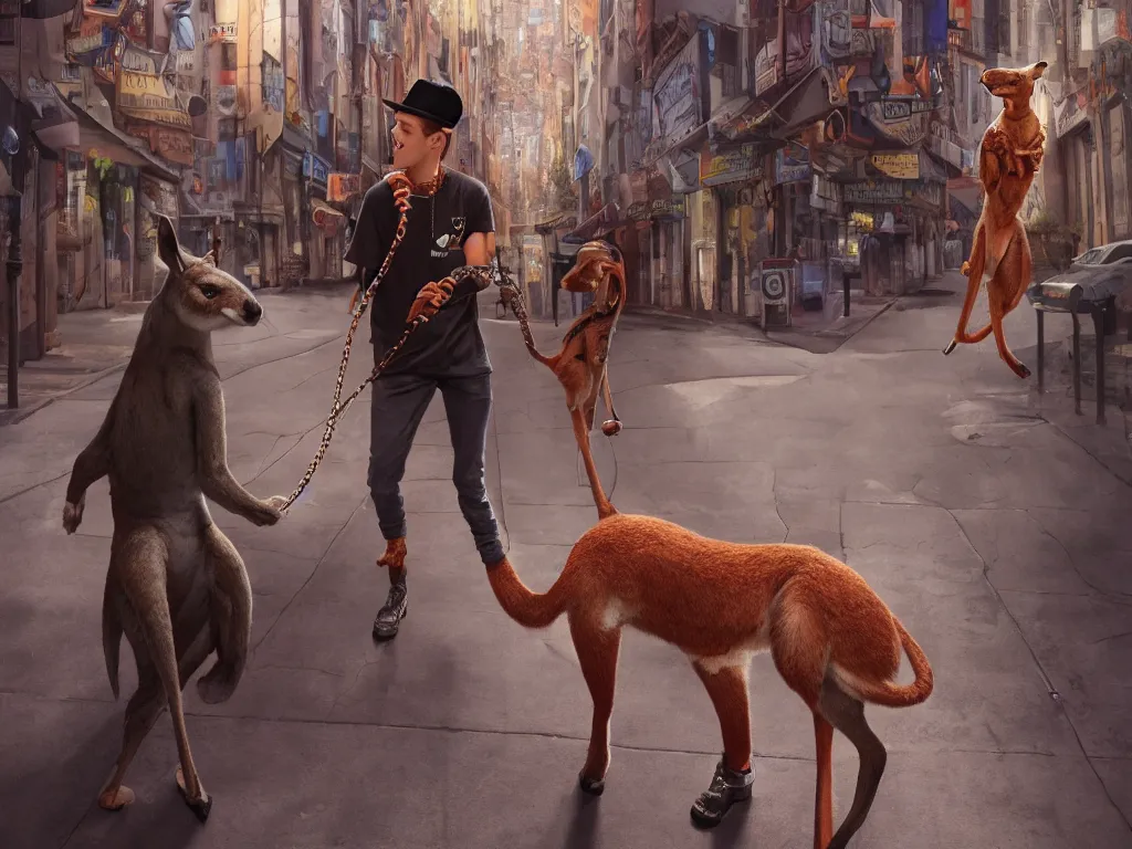 Image similar to pete davidson walking a kangaroo in the style of michael cheval, 4 k, hyper detailed, trending on artstation, photorealistic, volumetric lighting, octane render,