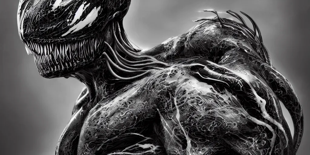 Image similar to hyper realistic photography of a stunningly beautiful cyborg male, intimately holding close, venom, in the style of beth cavener, jin kagetsu, and wlop, highly detailed, intricate filigree, symmetry, masterpiece, award winning, sharp focus, concept art, highkey lighting, ambient lighting, octane render, 8 k, artstation