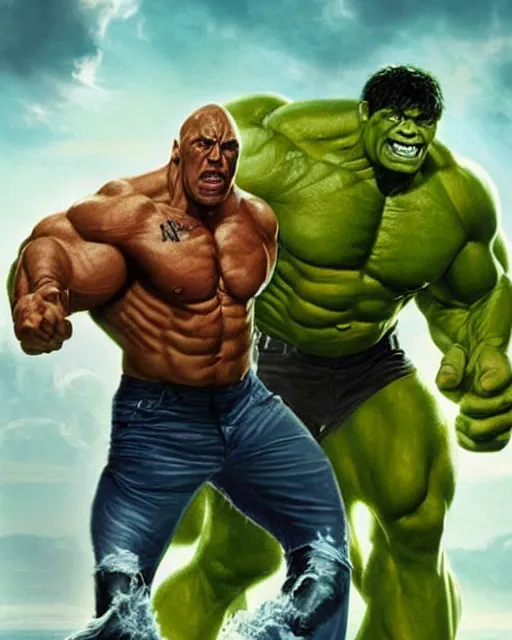Prompt: movie poster of the rock as the hulk, dwayne johnson as hulk, cinematic feel, movie poster, art by greg rutkowski and artgerm and tooth wu and wlop