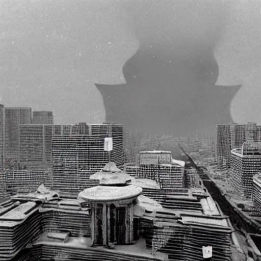 Image similar to Pulgasari the North Korean starfish monster destroying Pyongyang city, volumetric lighting, filmstill, produced by Kim Jong-il, Kodachrome, kaiju-eiga, monster movie, communist propaganda, film noir, 35mm film grain, Cooke Varotal 20-100mm T3.1, in the style of Ishirō Honda and Stanley Kubrick