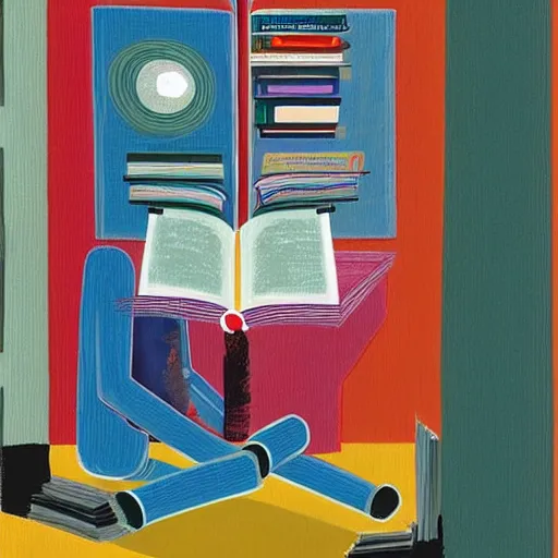 Prompt: a robot reading a book by david hockney