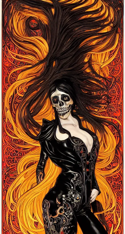 Image similar to a finely detailed beautiful!!! feminine cyberpunk ghost rider with skull face and long flowing hair made of fire and flames, dressed in black leather, by Alphonse Mucha, designed by H.R. Giger, legendary masterpiece, stunning!, saturated colors, black background, full body portrait, zoomed out to show entire image, trending on ArtStation