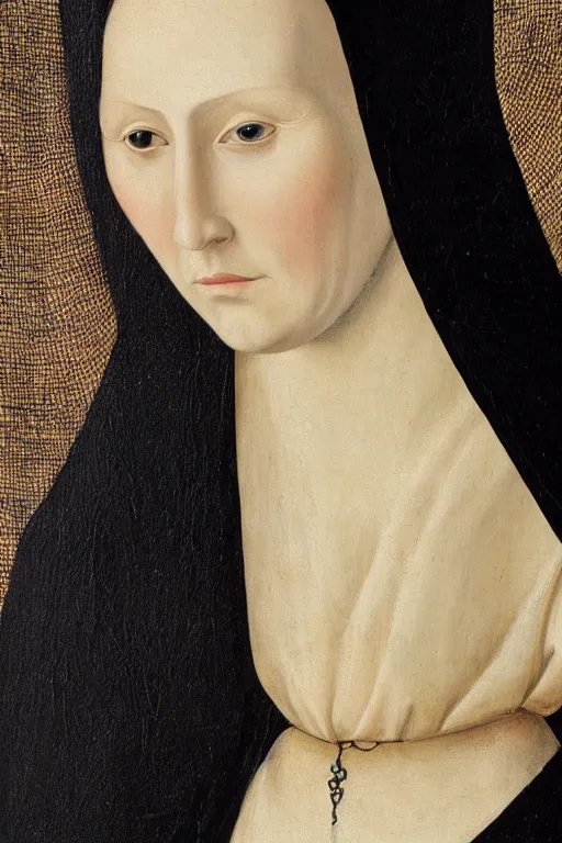 Prompt: hyper - realistic close - up portrait of a medieval woman, pale skin, in a black silk robe, in the сaravaggio style