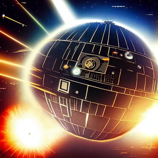 Prompt: high - quality photo of steampunk style death star, firing lasers.