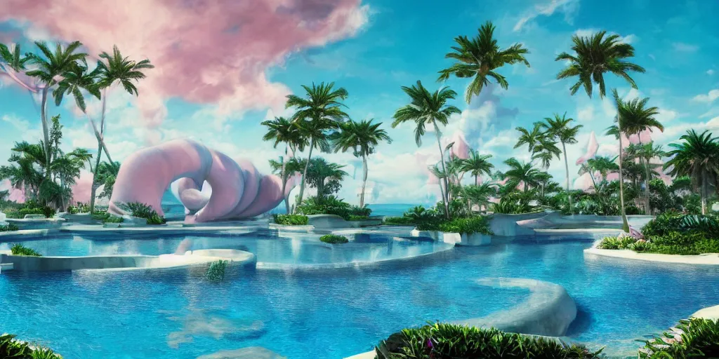 Prompt: masterpiece, hyperrealistic surrealism, award winning masterpiece with incredible details, epic stunning, infinity pool, a surreal vaporwave liminal space, highly detailed, trending on ArtStation, calming, meditative, pink arches, flowing silk sheets, palm trees, very vaporwave, very very surreal, sharp details, dreamscape