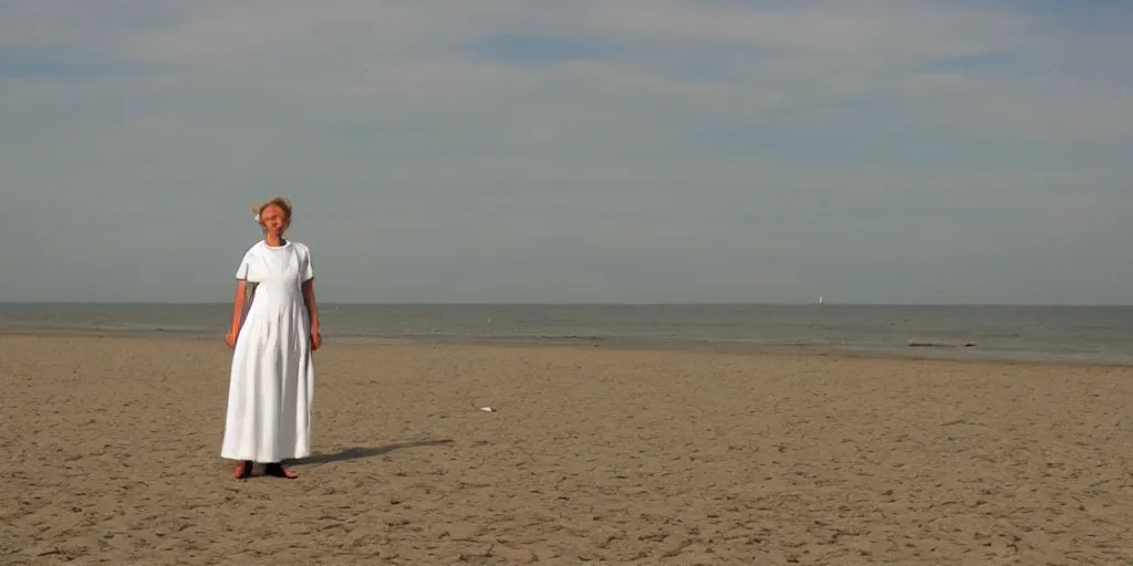 Image similar to a woman wearing a white dress standing on a beach in Denmark, in the style of Peder Severin