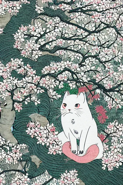 Image similar to white cat in sakura tree in the style of Utagawa Hiroshige, high resolution 4k