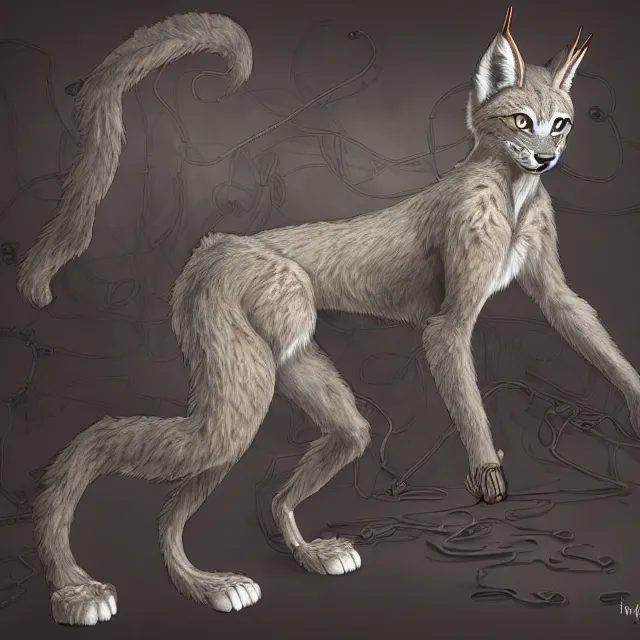 Image similar to the full body of anthropomorphic lynx fursona from behind wearing a steampunk suit as unimaginably beautiful, gorgeous, elegant, young woman with lynx head, an ultrafine hyperdetailed illustration by furaffinity, intricate linework, white fur, unreal engine 5 highly rendered, global illumination, radiant light, detailed and intricate environment, no feral, no taur