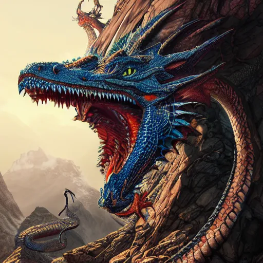 Image similar to a serpentine dragon, majestic, mountains background, ultrafine hyperrealistic detailed illustration by kim jung gi, irakli nadar, intricate linework, sharp focus, bright colors, matte, gujian, final fantasy, unreal engine highly rendered, global illumination, radiant light, intricate environment