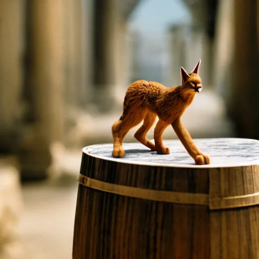 Image similar to a cinematic film still of a claymation stop motion film starring cute caracal, big wooden barrel, ancient greek city, marble temple columns, olive trees, shallow depth of field, 8 0 mm, f 1. 8