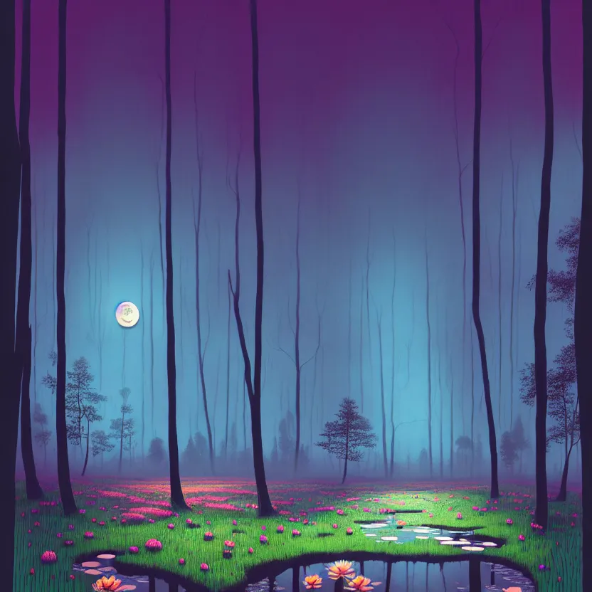 Image similar to ( ( ( gediminas pranckevicius ) ) ), a pond in the forest, moonlight, flower garden summer morning, very coherent and colorful high contrast art by simon stalenhag james gilleard floralpunk screen printing woodblock, dark shadows, pastel color, hard lighting