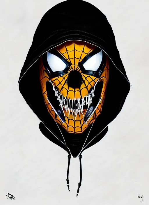 Image similar to highly detailed closeup portrait of a cyborg venom symbiote in spiderman suit with skeleton skull head, black hoodie by atey ghailan, by greg rutkowski, by greg tocchini, by james gilleard, by joe fenton, by kaethe butcher, gradient, yellow, black, brown and white color scheme, grunge aesthetic!!! white graffiti tag wall background