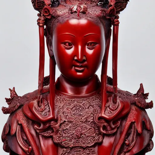 Image similar to museum angeline joile portrait statue monument made from chinese porcelain brush face hand painted with iron red dragons full - length very very detailed intricate symmetrical well proportioned