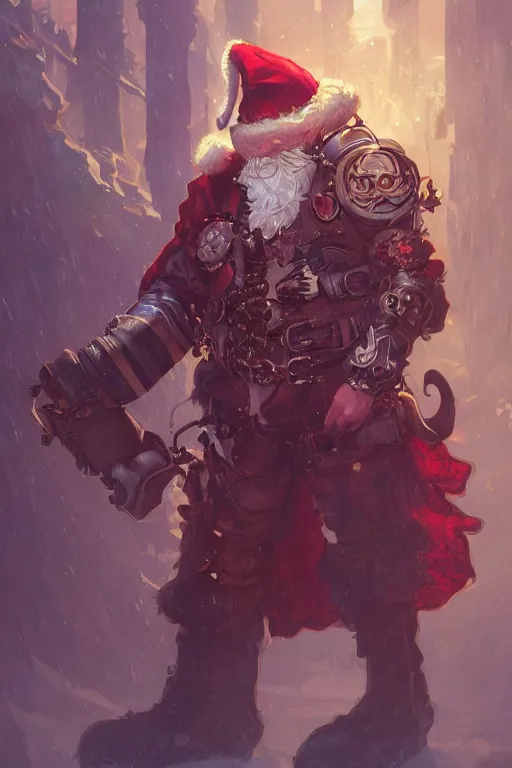 Image similar to evil santa claus steampunk half - cyborg cowboy, pelt coats, high fantasy, dnd, smooth, sharp focus, illustration, highly detailed, digital painting, artstation, concept art, by rossdraws, alphonse mucha, frank fanzzeta, collectible card art