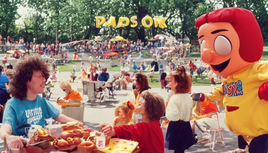 Image similar to 1990s candid photo of a beautiful day at the park, cinematic lighting, cinematic look, golden hour, costumed packaged food mascot people in the background, Enormous personified packaged food mascot people with outstandingly happy faces talking to families, UHD