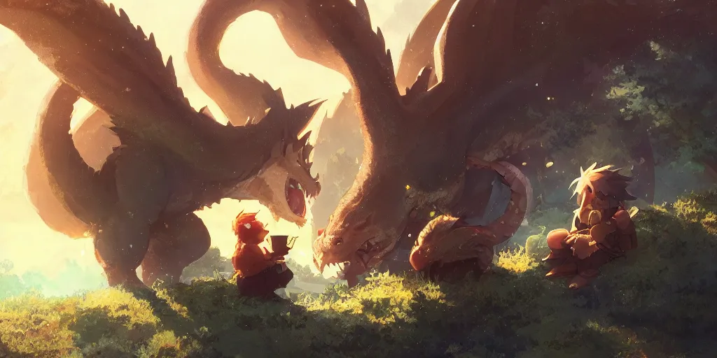 Image similar to a dwarf and his pet dragon drinking a beer together | gapmoe kuudere moody lighting stunning bokeh highlights sharp contrast | trending pixiv fanbox | by greg rutkowski makoto shinkai takashi takeuchi studio ghibli