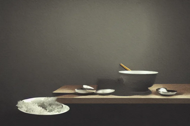 Prompt: an empty bowl with a few rice grains and broken chinese chopsticks, on a dirty table in poor apartments, running rat, dark atmosphere, digital art, very realistic