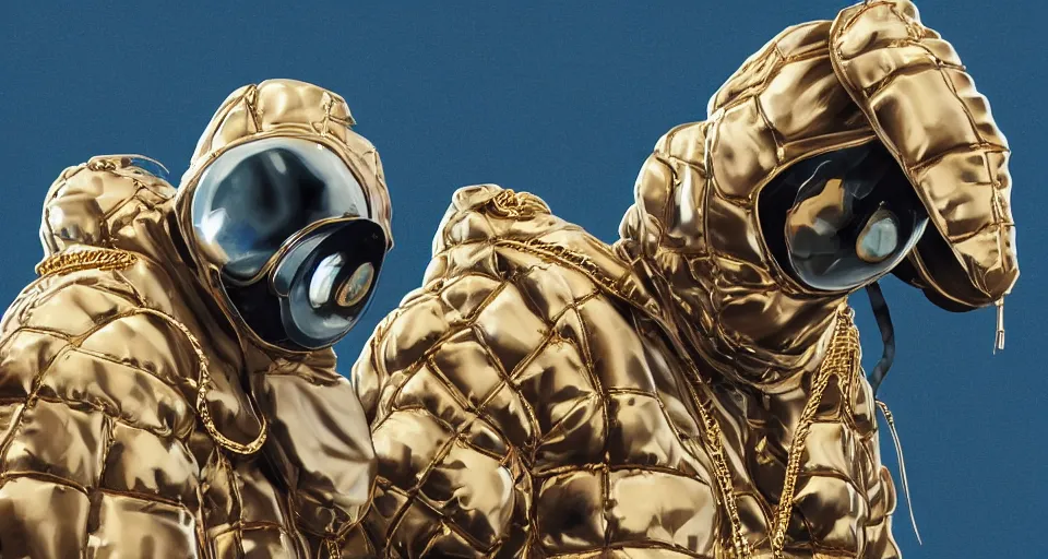 Prompt: 3 d sculpture of hip hop robots wearing big oversized puffy jackets, gold chains and sneakers, digital art, highly detailed, digital painting, artstation, concept art, smooth, sharp focus, illustration, artbook, splash art, promo art, h 9 6 0